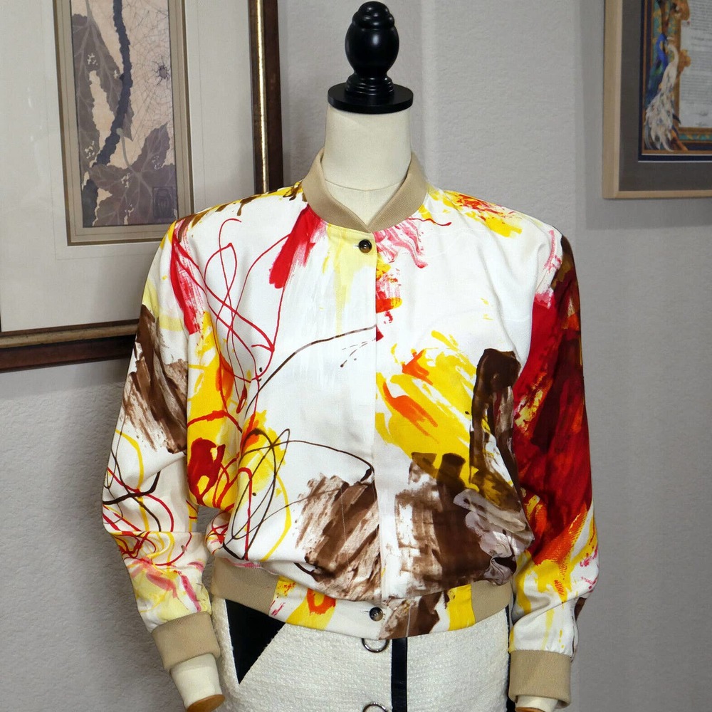 Saint Laurent Resort 2008 Graphic Silk Bomber Jacket w/ COA. Size US 8, FR 40